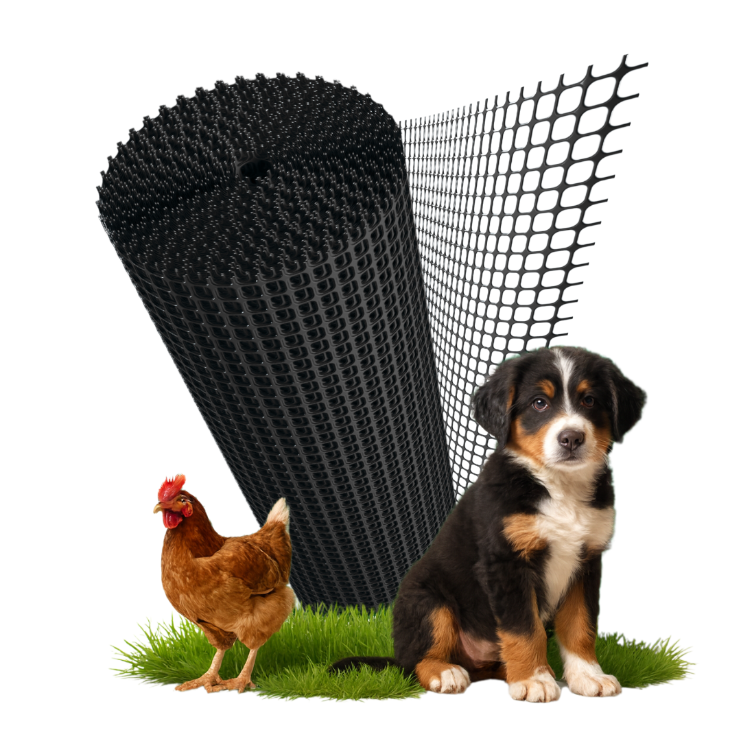 Florade Kunststoffzaun schwarz - Rolle mit Huhn und Hund