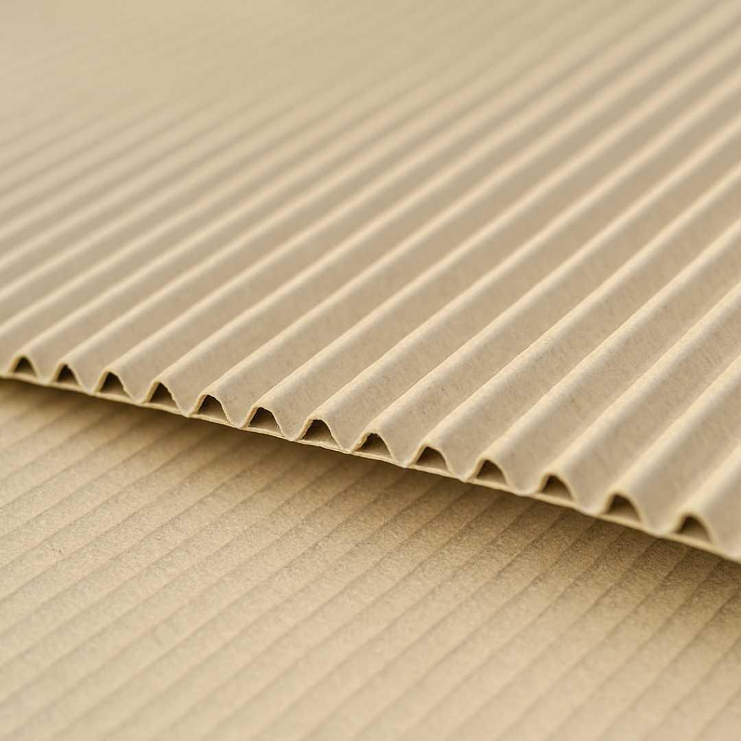 Nahaufnahme brauner Wellpappe mit deutlich sichtbarer Wellenstruktur, schräg übereinanderliegend, vor neutralem Hintergrund.