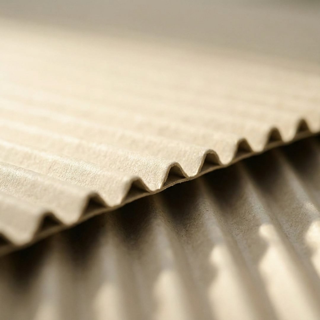 Nahaufnahme brauner Wellpappe mit deutlich sichtbarer Wellenstruktur, schräg übereinanderliegend, vor neutralem Hintergrund.