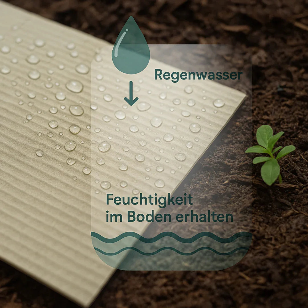 Nahaufnahme einer Wellpappe mit Wassertropfen neben junger Pflanze auf Erde, Textoverlay zu Regenwasser und Bodenschutz.