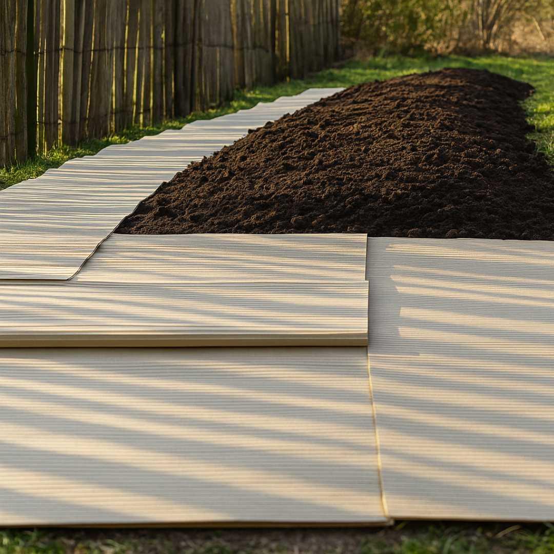 Ausgerollte braune Garten-Wellpappe als Bodendeckung neben einem Beet mit dunkler Erde, im Freien bei Sonnenlicht.