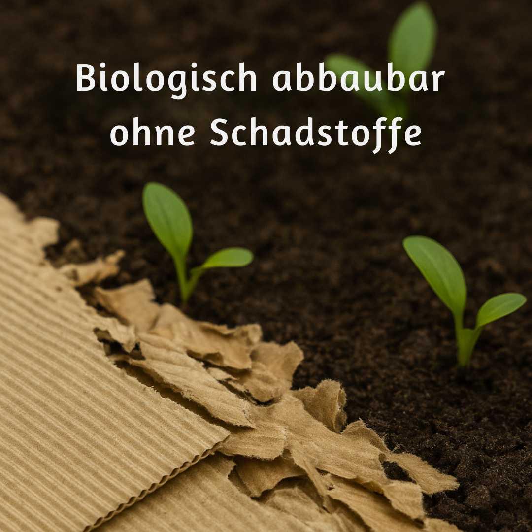 Zerrissene braune Wellpappe auf dunkler Erde mit kleinen grünen Keimlingen, Text „Biologisch abbaubar ohne Schadstoffe“.