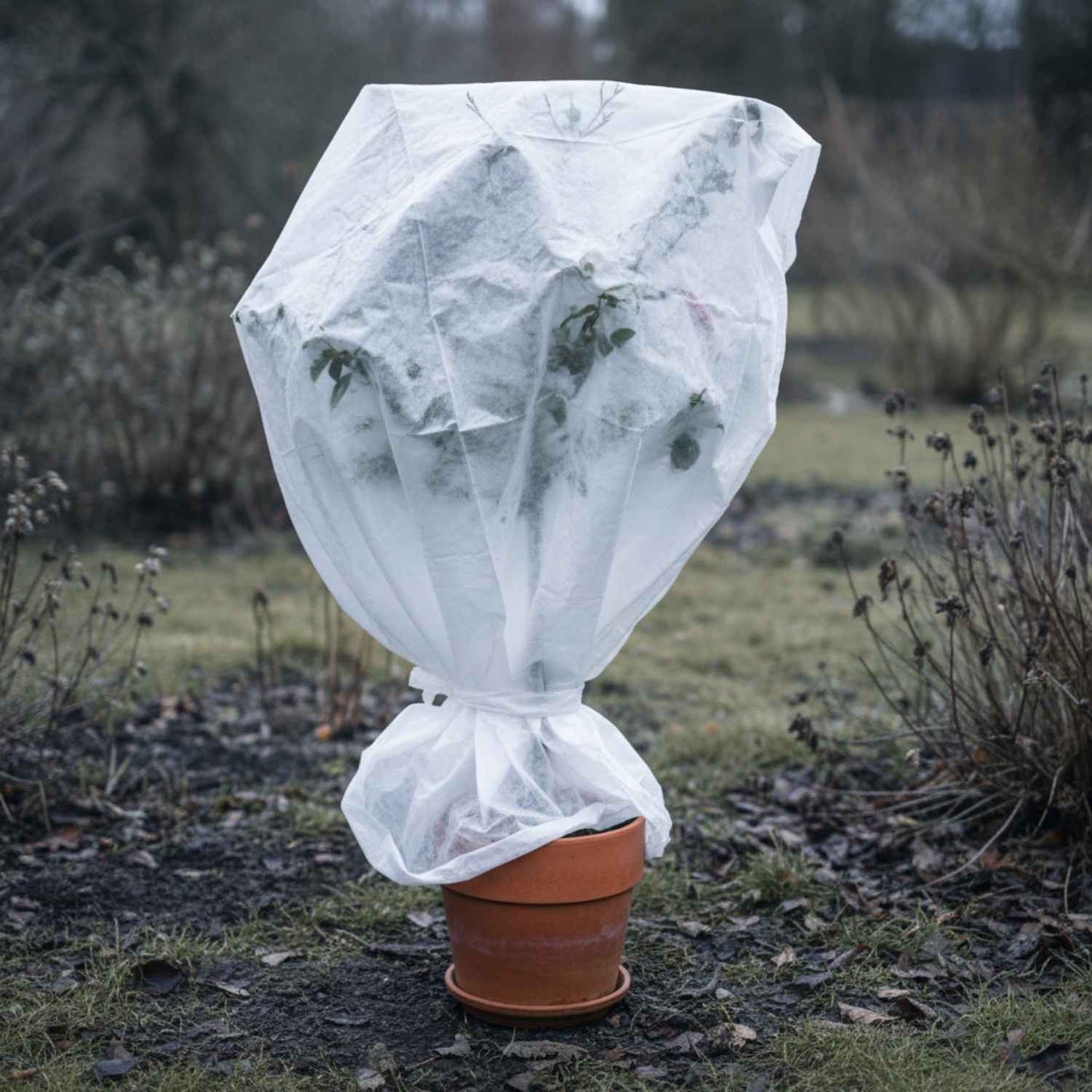 Topfpflanze im braunen Tontopf, mit weißem Pflanzenschutz-Vlies umhüllt und unten zusammengebunden, im Garten stehend.