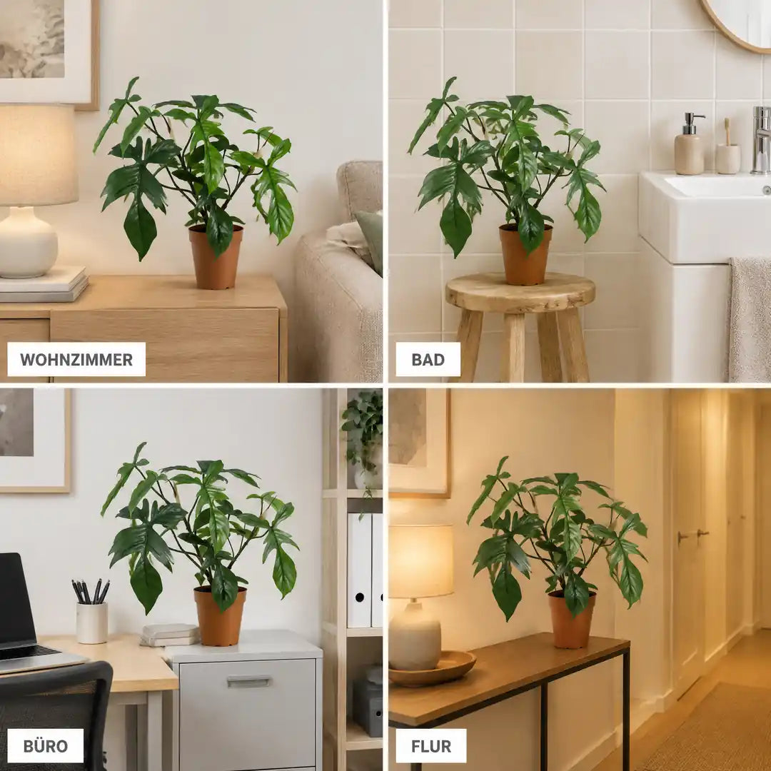 Vier Einsatzorte des künstlichen Philodendron: Wohnzimmer, Bad, Büro und Flur