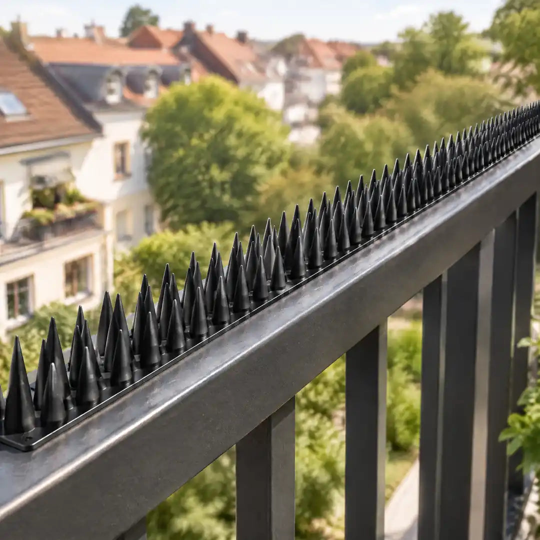 Schwarze Spikeleisten lückenlos auf einem Balkongeländer