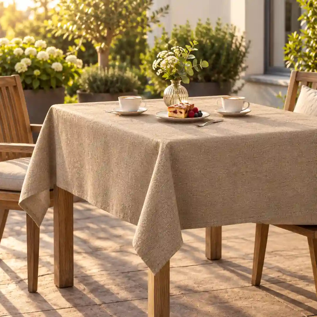 Khakifarbene Tischdecke auf einem gedeckten Terrassentisch im Nachmittagslicht