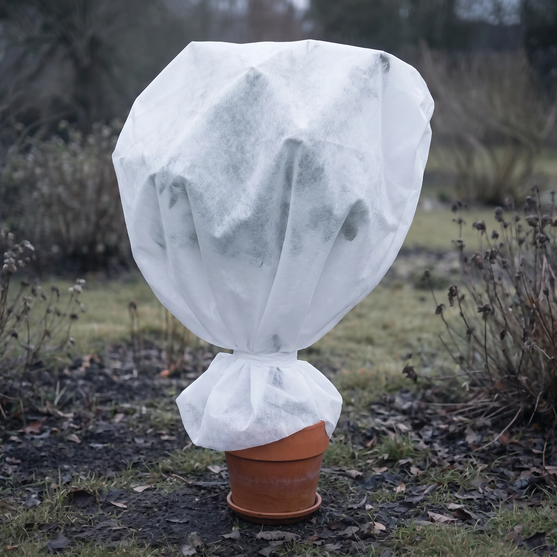 Florade Wintervlies 30 g/m² um einen Kübelpflanzen-Topf gewickelt, mittlere Vliesdichte