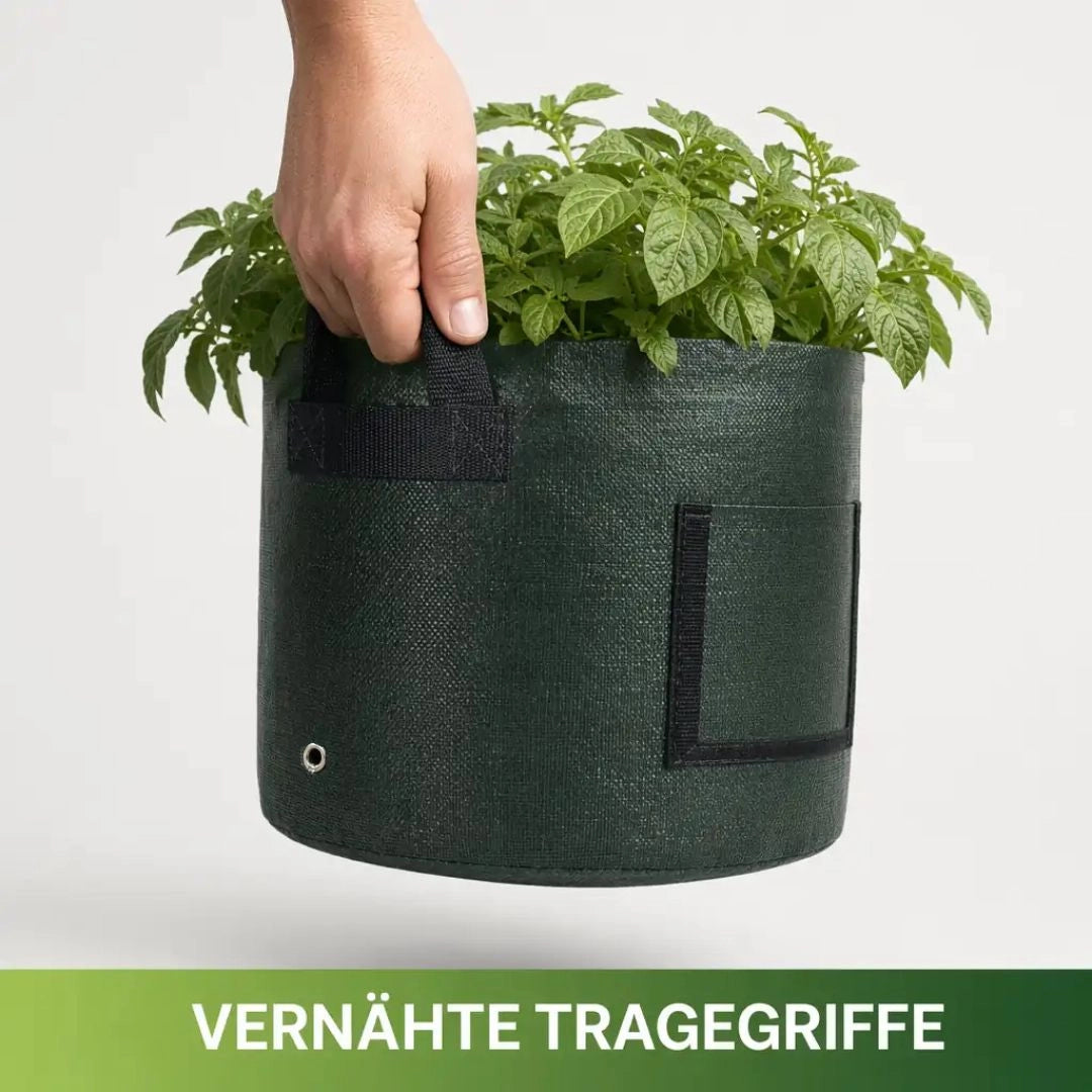 Vernähte Tragegriffe – Kartoffel-Pflanzsack mit einer Hand tragbar