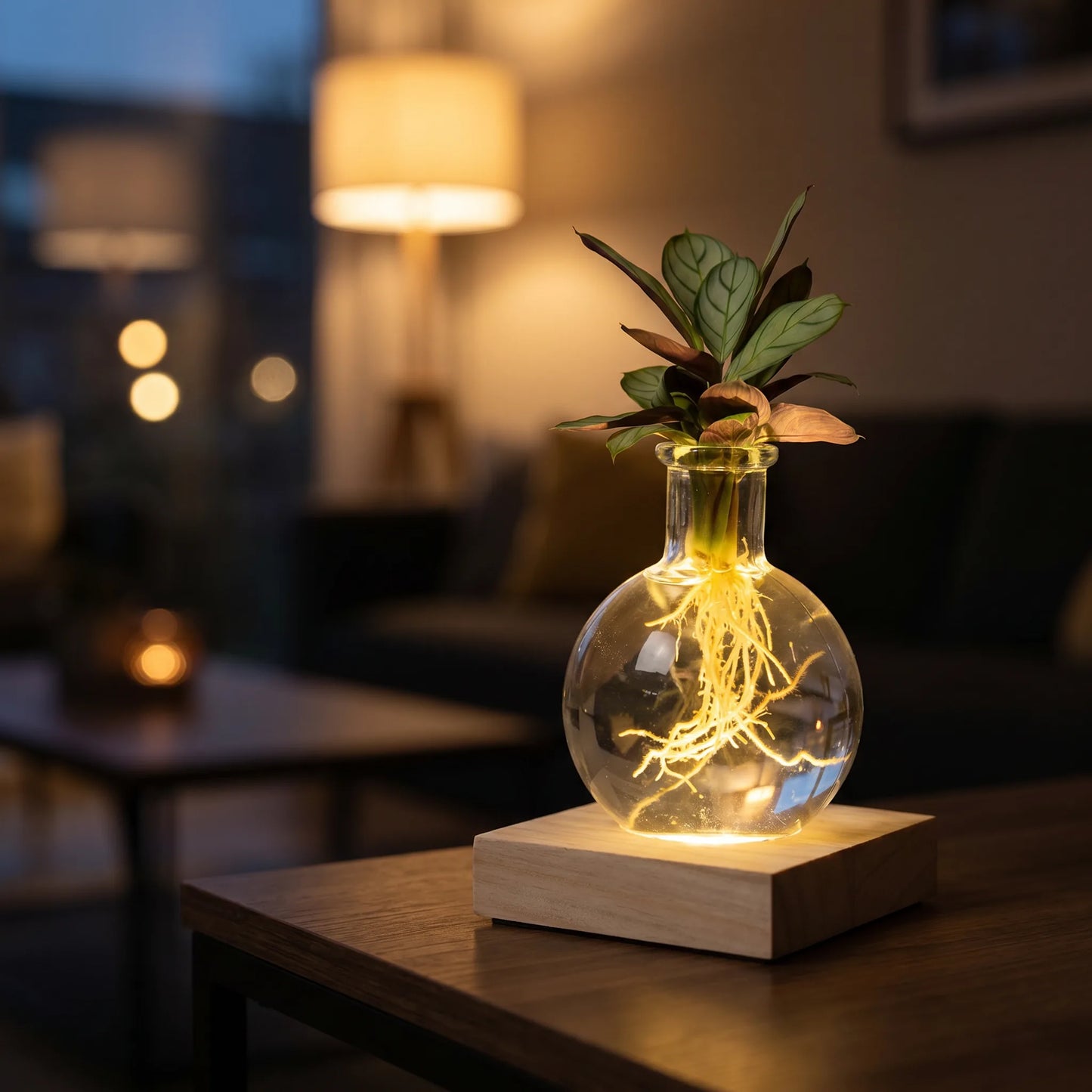 Calathea im LED-Glas – integrierte warmweiße LED beleuchtet Wurzeln und Glas am Abend