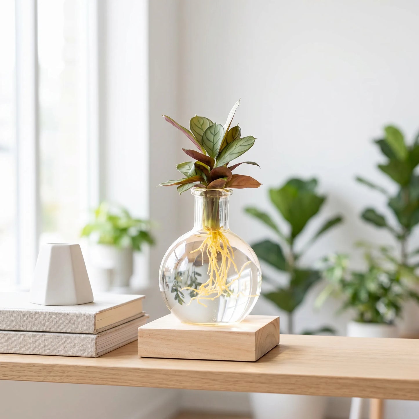 Calathea im Samoa-Glas mit LED als Deko auf hellem Sideboard am Fenster