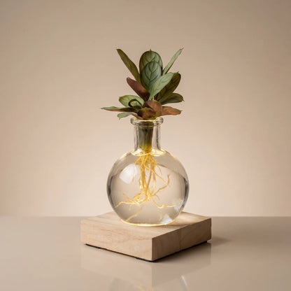 Calathea im Samoa-Glas mit LED-Holzsockel – Produktansicht Florade
