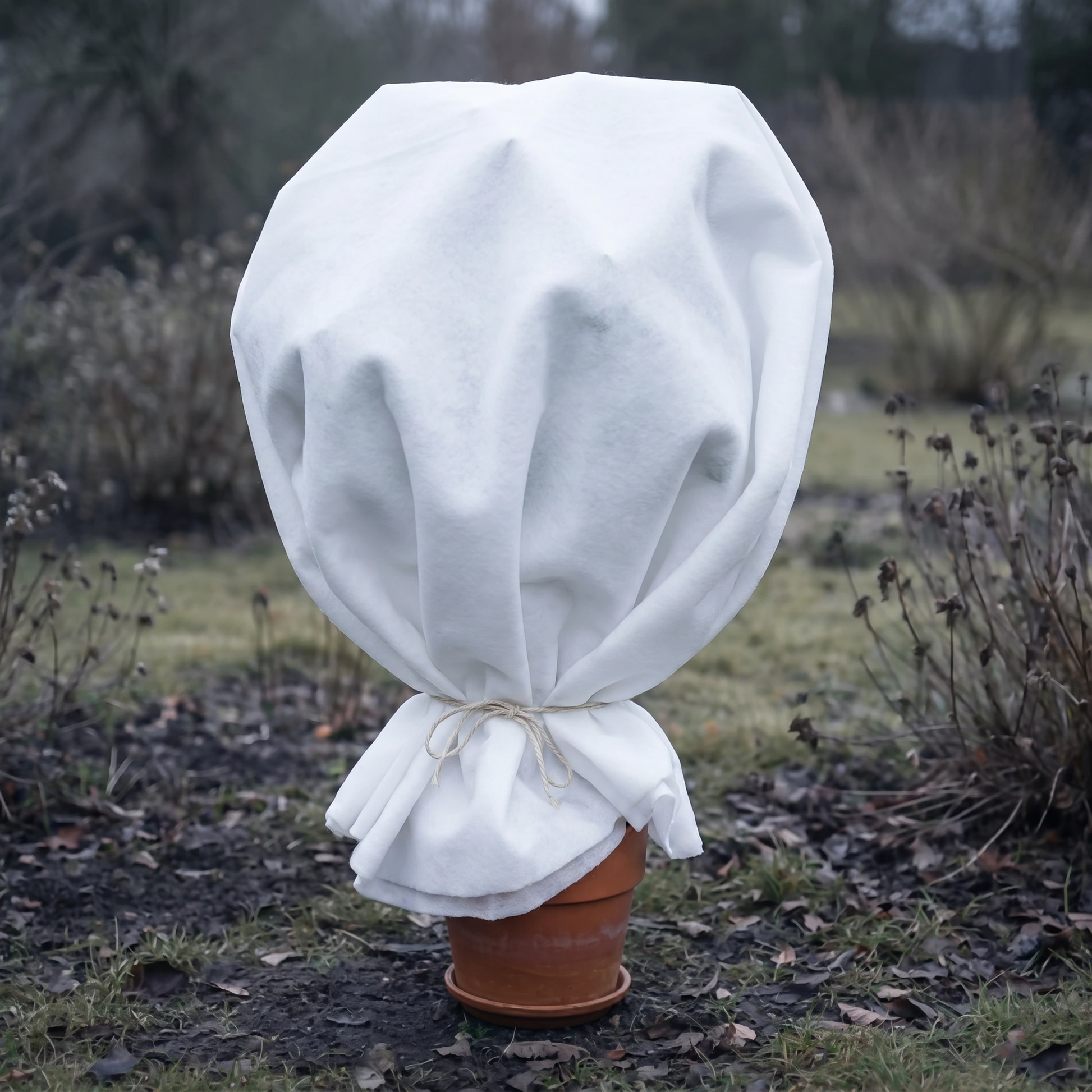 Florade Wintervlies 50 g/m² um einen Kübelpflanzen-Topf gewickelt, blickdichtes Vlies