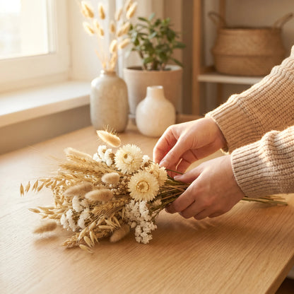 Trockenblumenstrauß wird auf einem Holztisch arrangiert