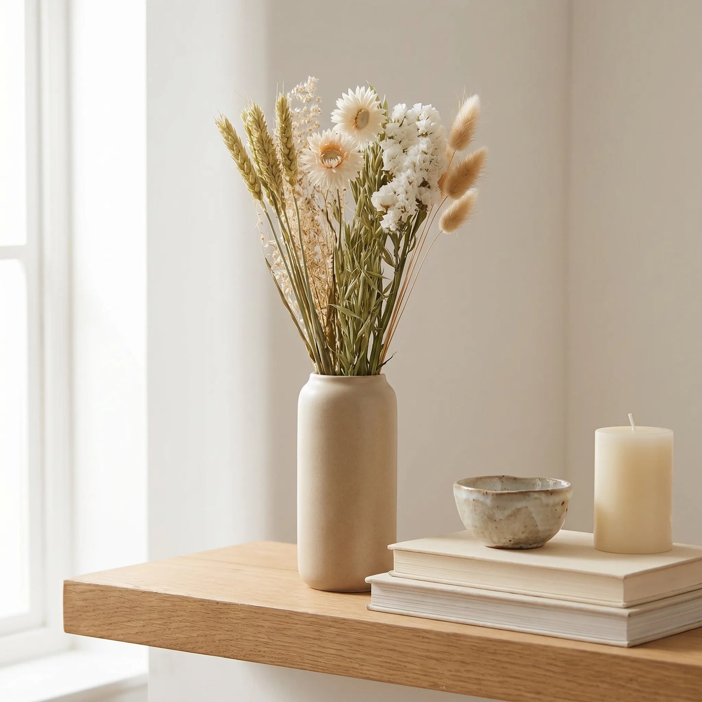 Trockenblumen in Vase auf Regal mit Büchern und Kerze