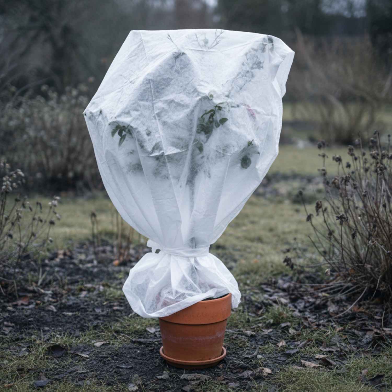 Topfpflanze im braunen Tontopf, mit weißem Pflanzenschutz-Vlies umhüllt und unten zusammengebunden, im Garten stehend.