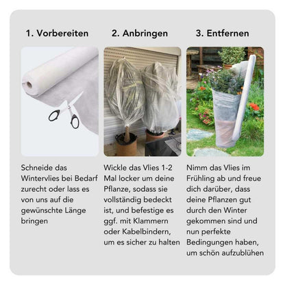 Drei Bilder zeigen Schritte zur Nutzung von Wintervlies: Zuschneiden mit Schere, Pflanzen locker einwickeln, Vlies im Frühling entfernen.