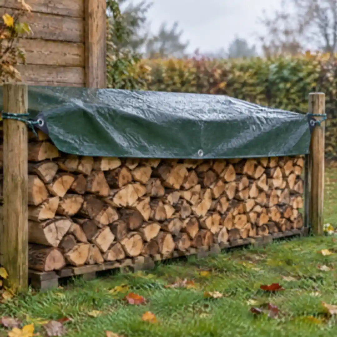 Abdeckplane über einem Brennholzstapel im Garten, an Pfosten festgebunden