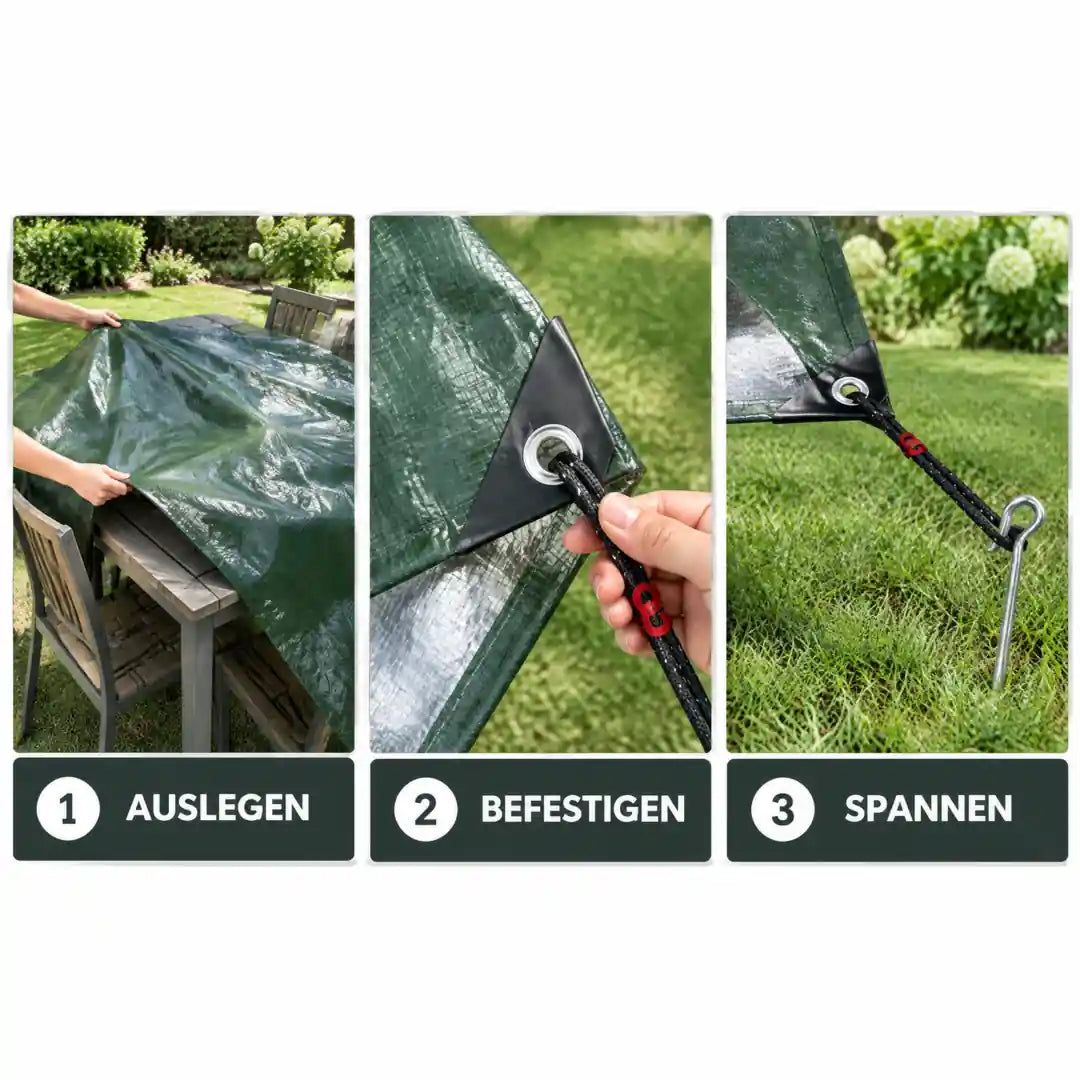 Abdeckplane in drei Schritten auslegen, befestigen und spannen