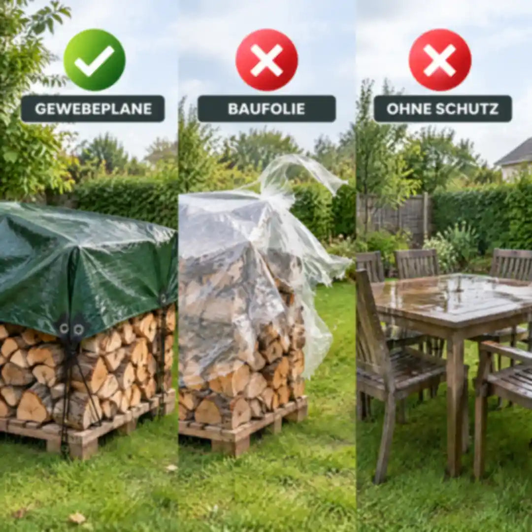 Vergleich Gewebeplane, Baufolie und Gartenmöbel ohne Schutz