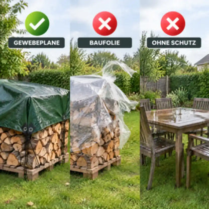Vergleich Gewebeplane, Baufolie und Gartenmöbel ohne Schutz