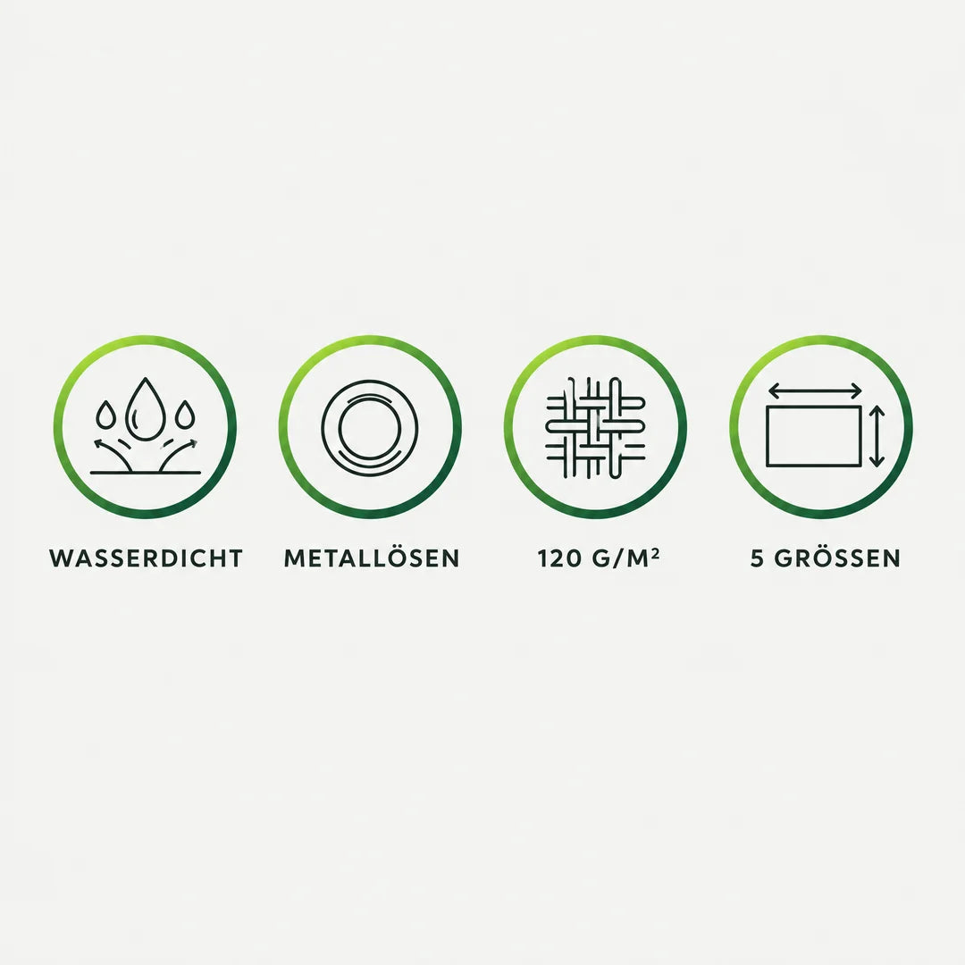 Vorteile der Abdeckplane: wasserdicht, Metallösen, 120 g/m², fünf Größen