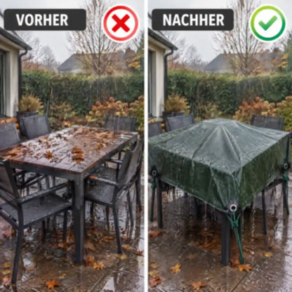 Gartenmöbel vorher nass, nachher unter der Abdeckplane geschützt