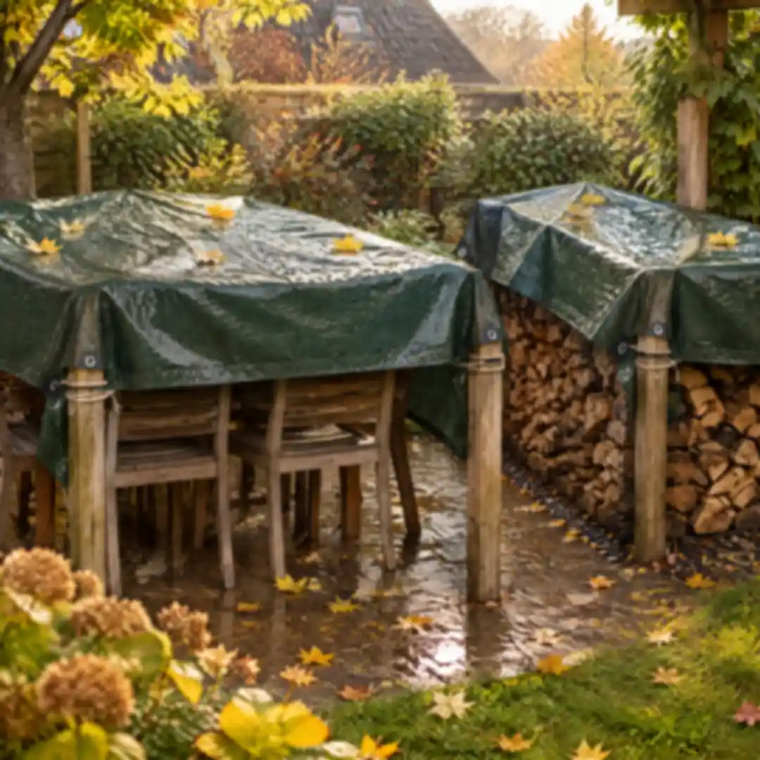 Gartenmöbel und Brennholz im Herbst mit Abdeckplane geschützt