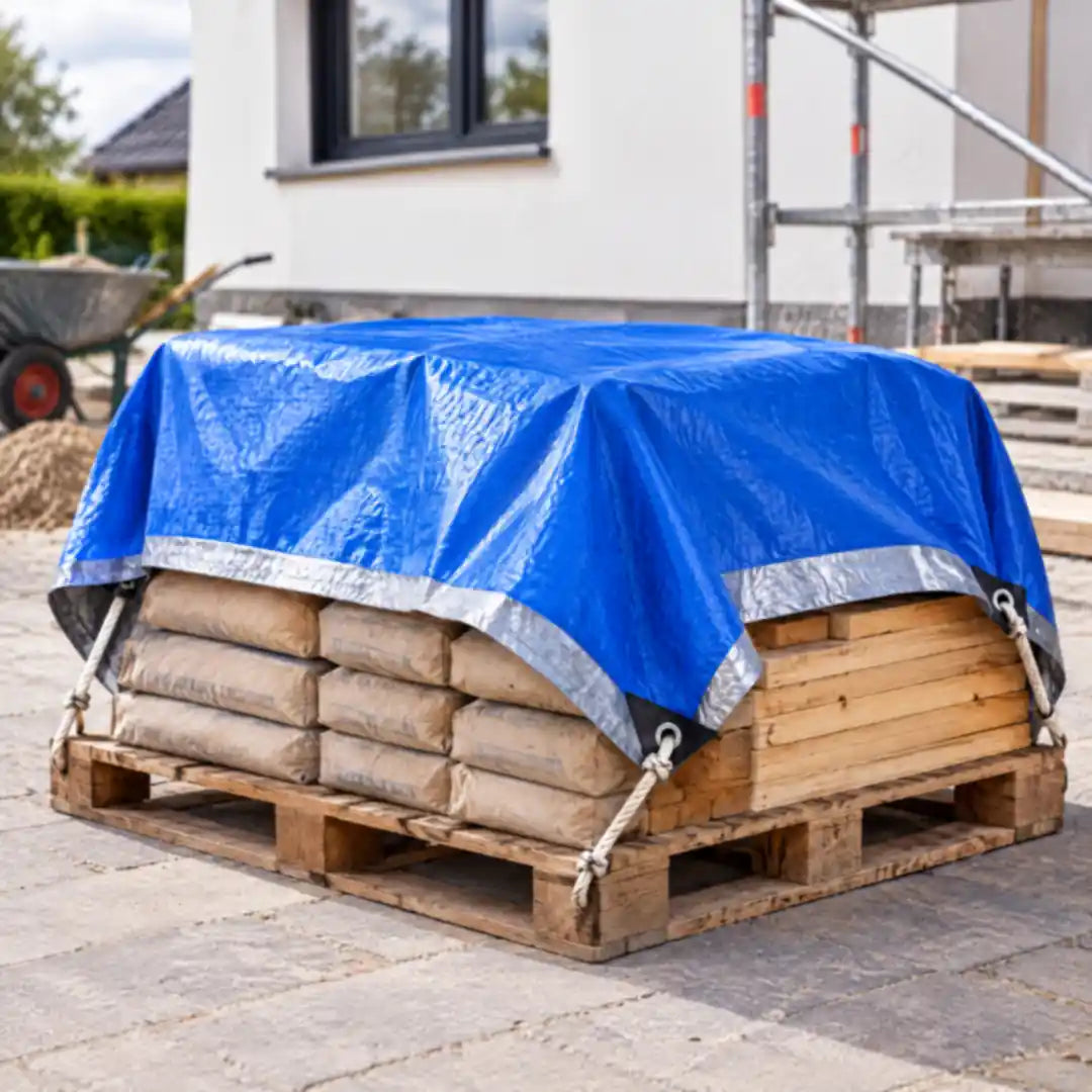 Blaue Abdeckplane über Baumaterial auf einer Palette