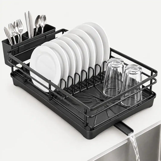 Schwarzes Abtropfgestell mit Tellern, Gläsern und Besteckhalter