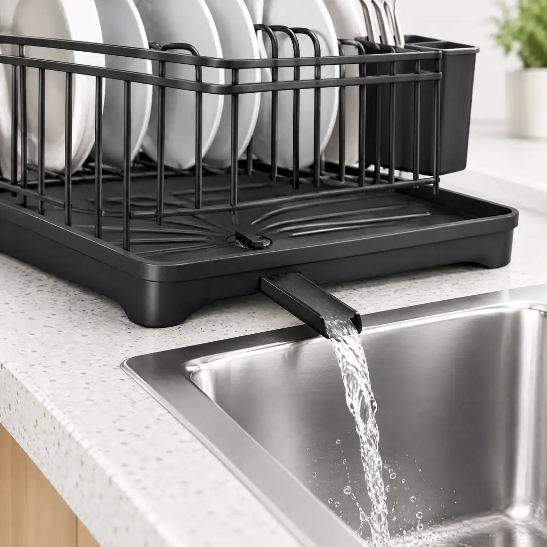 Drehbarer Ausguss der Abtropfschale leitet Wasser in die Spüle