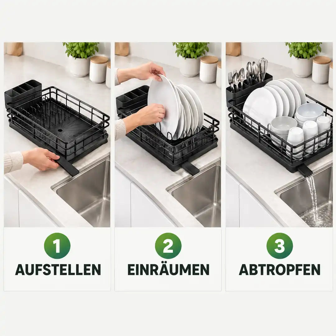 Abtropfgestell in 3 Schritten: aufstellen, einräumen, abtropfen