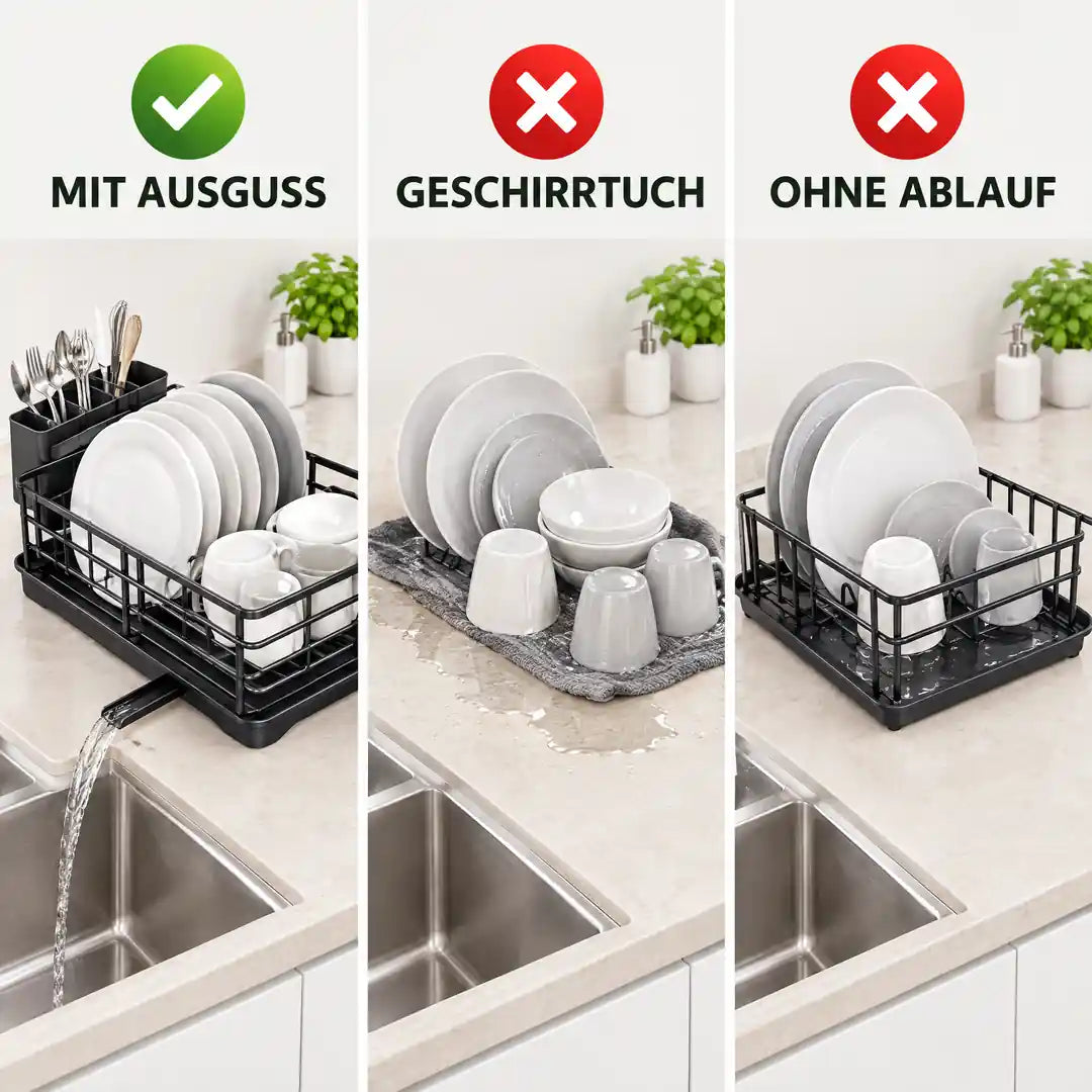 Vergleich: Abtropfgestell mit Ausguss, Geschirrtuch und Gestell ohne Ablauf