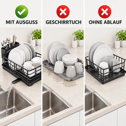 Vergleich: Abtropfgestell mit Ausguss, Geschirrtuch und Gestell ohne Ablauf