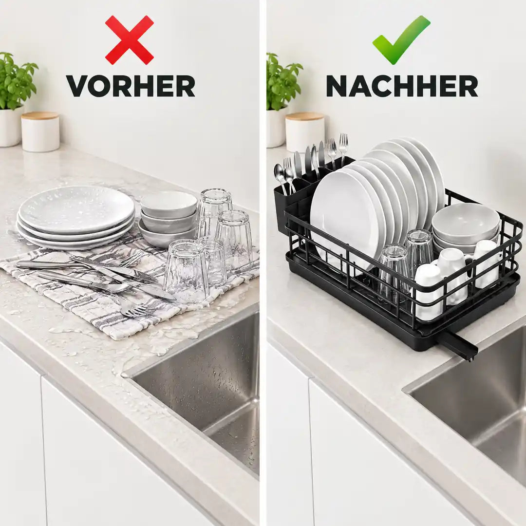 Arbeitsplatte vorher mit nassem Geschirrtuch, nachher mit Abtropfgestell