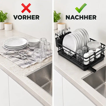 Arbeitsplatte vorher mit nassem Geschirrtuch, nachher mit Abtropfgestell