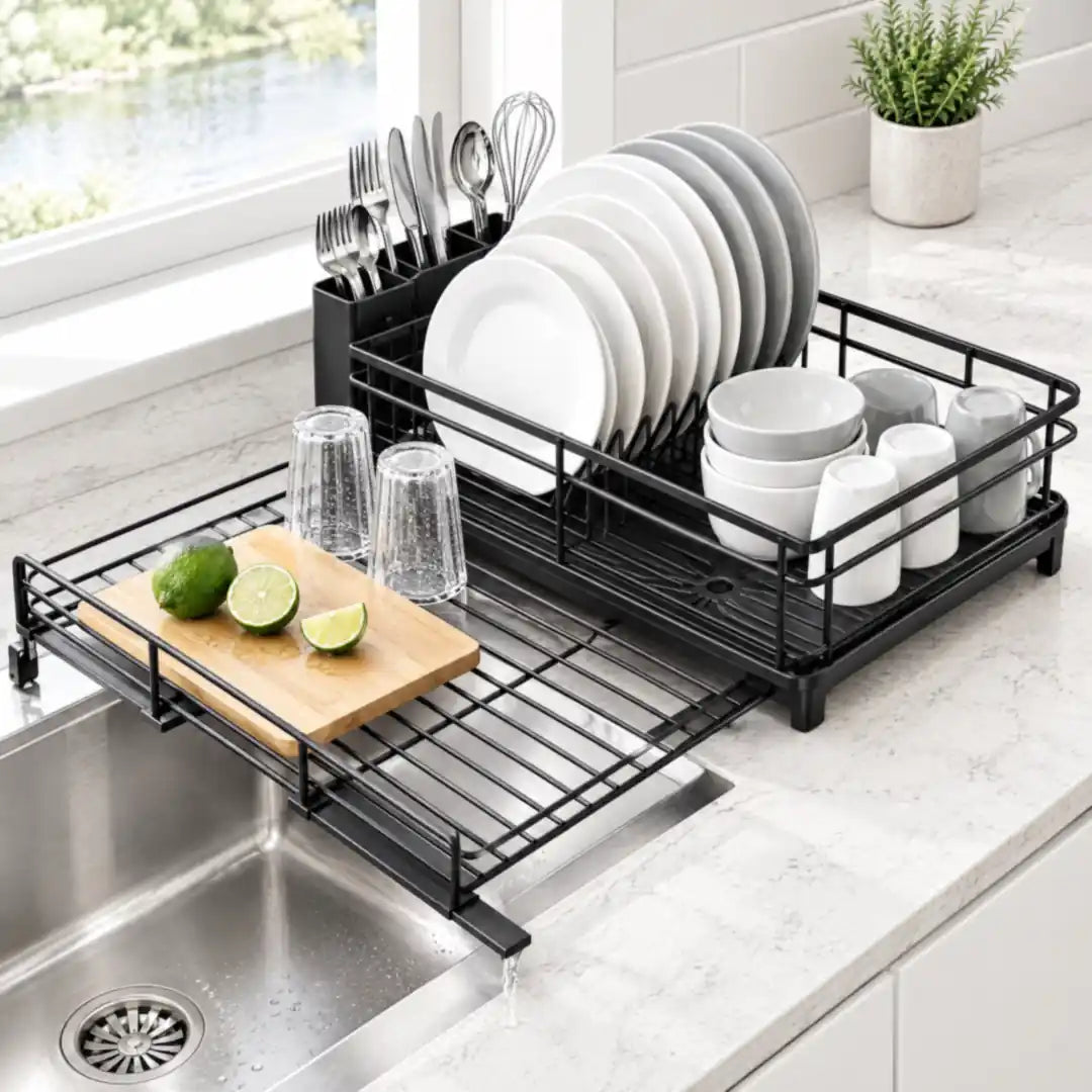 Abtropfgestell mit ausziehbarem Spülengitter über dem Becken