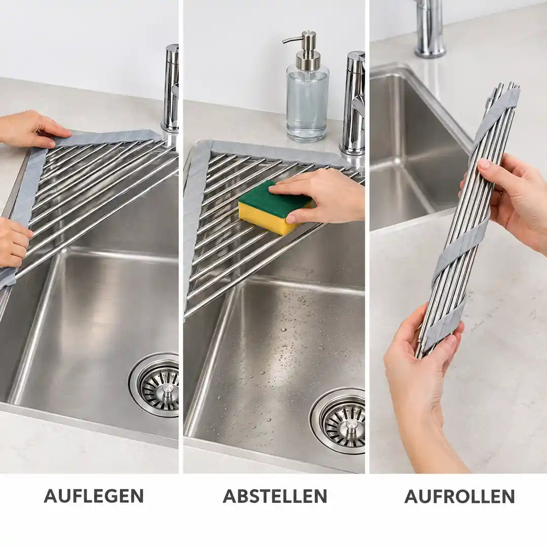 Abtropfgestell anwenden in drei Schritten: auflegen, abstellen, aufrollen