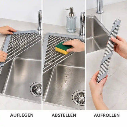 Abtropfgestell anwenden in drei Schritten: auflegen, abstellen, aufrollen
