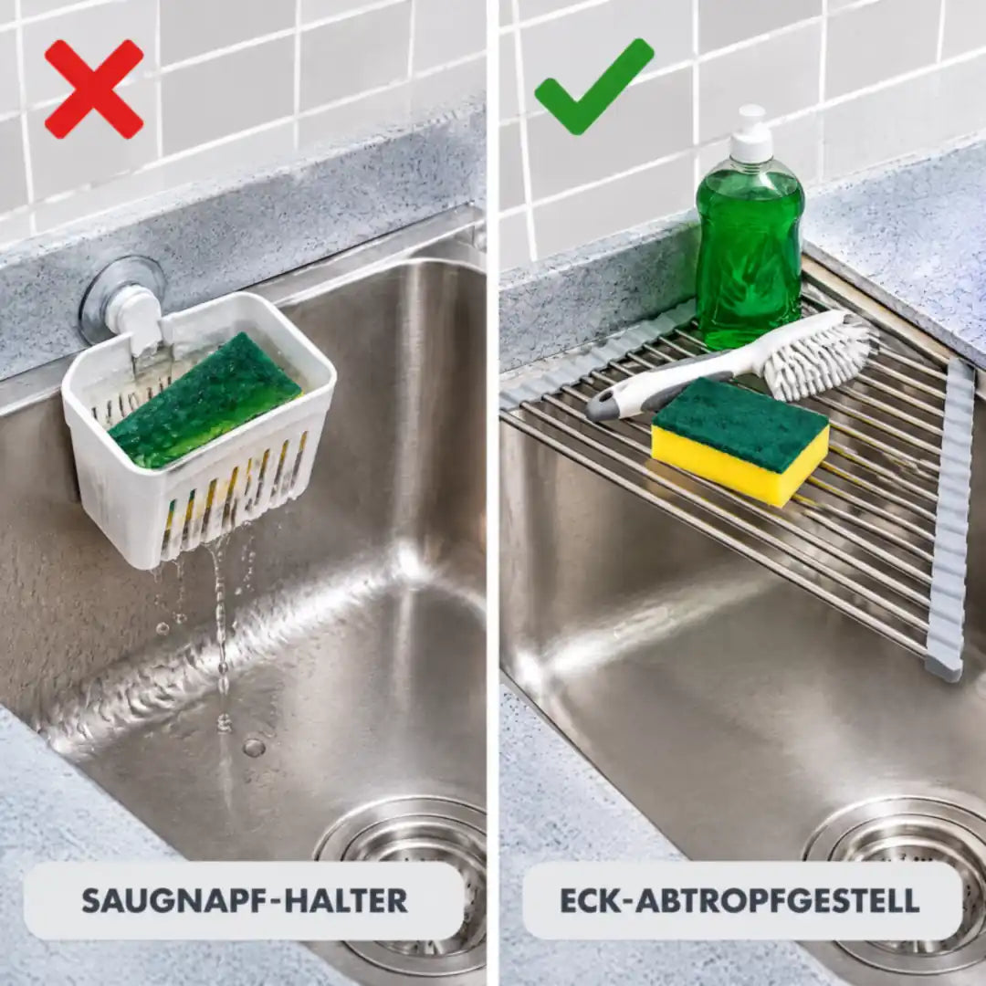 Vergleich: Saugnapf-Halter und Eck-Abtropfgestell in der Spüle