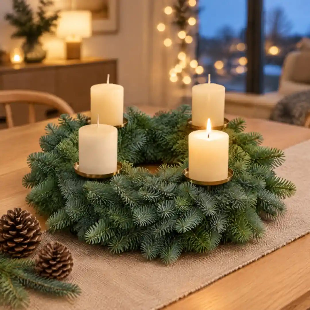 Nobilis-Kranz als Adventskranz mit vier Kerzen auf dem Esstisch