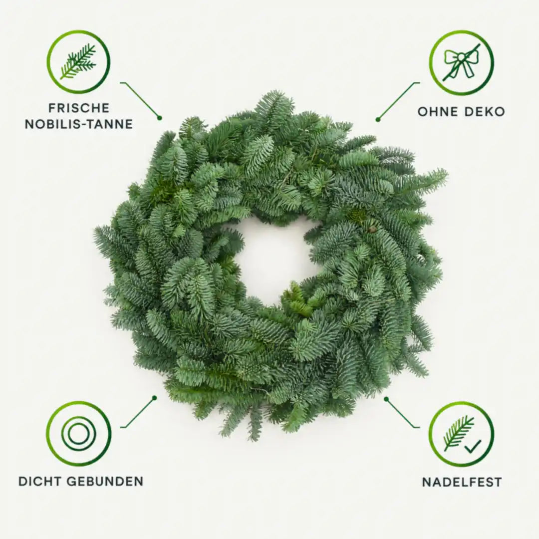 Merkmale des Nobilis-Kranzes: frische Nobilis-Tanne, dicht gebunden, ohne Deko, nadelfest