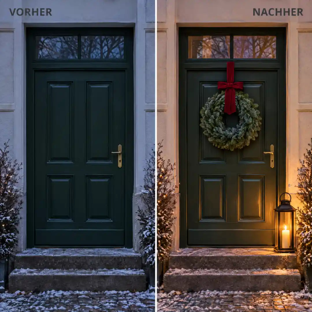 Haustür vorher ohne und nachher mit Nobilis-Kranz als Türkranz