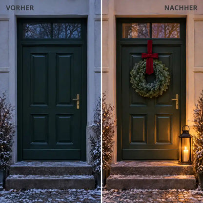Haustür vorher ohne und nachher mit Nobilis-Kranz als Türkranz