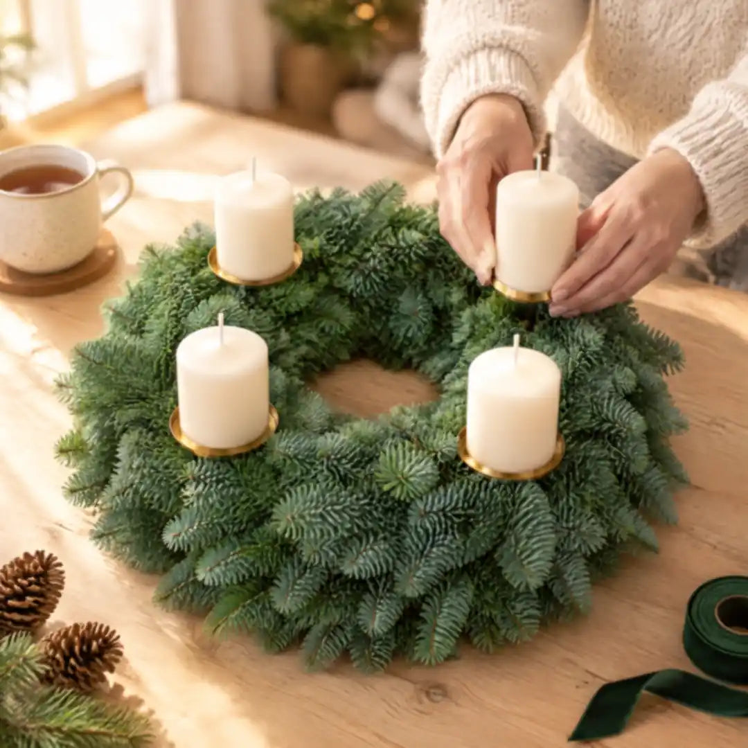 Hände setzen Kerzen auf den Nobilis-Kranz und machen daraus einen Adventskranz