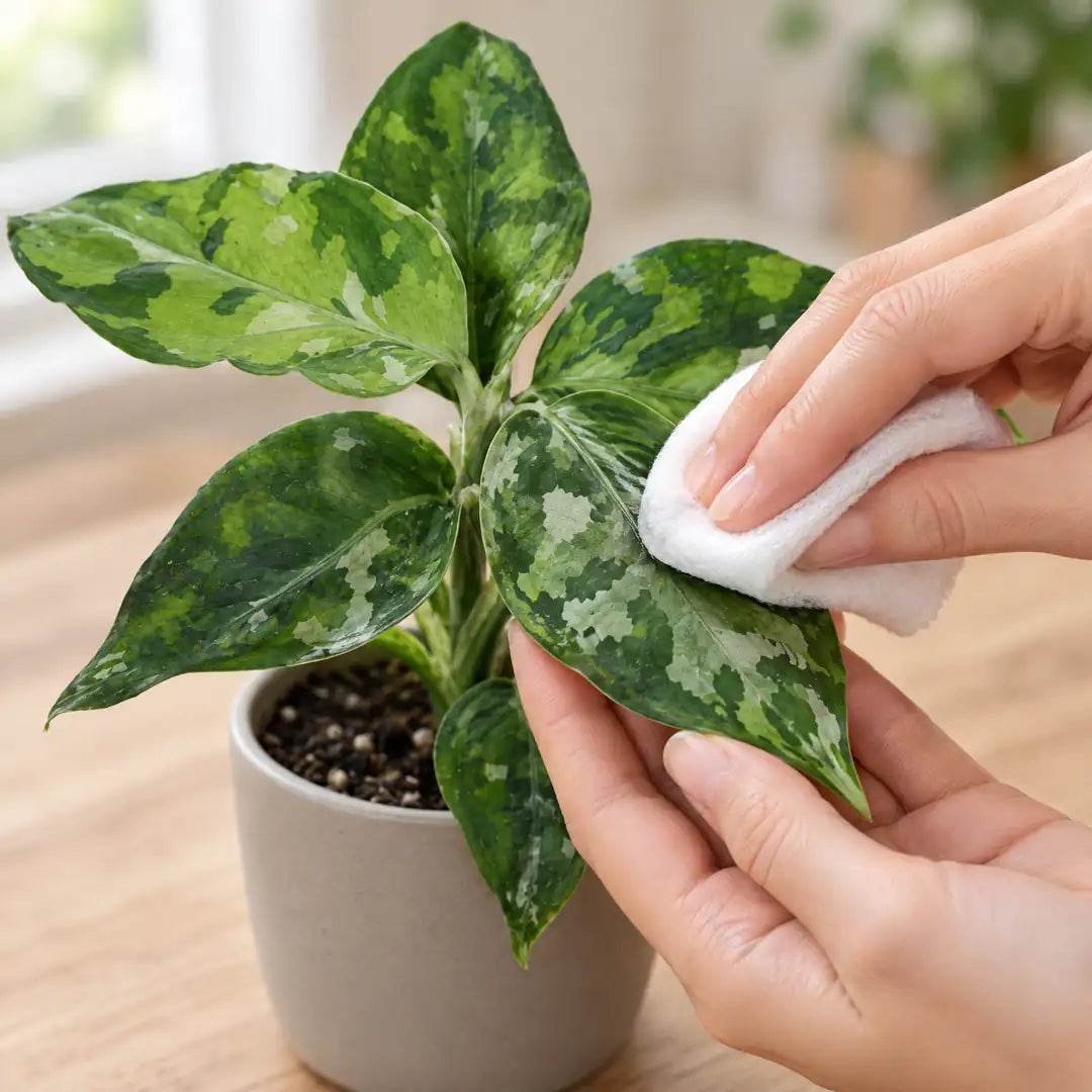 Hand wischt ein Blatt der Aglaonema Pictum Tricolor mit einem feuchten Tuch ab