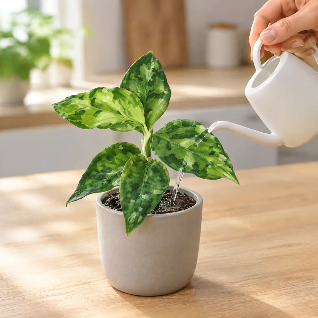 Aglaonema Pictum Tricolor wird mit einer kleinen Gießkanne an der Erde gegossen