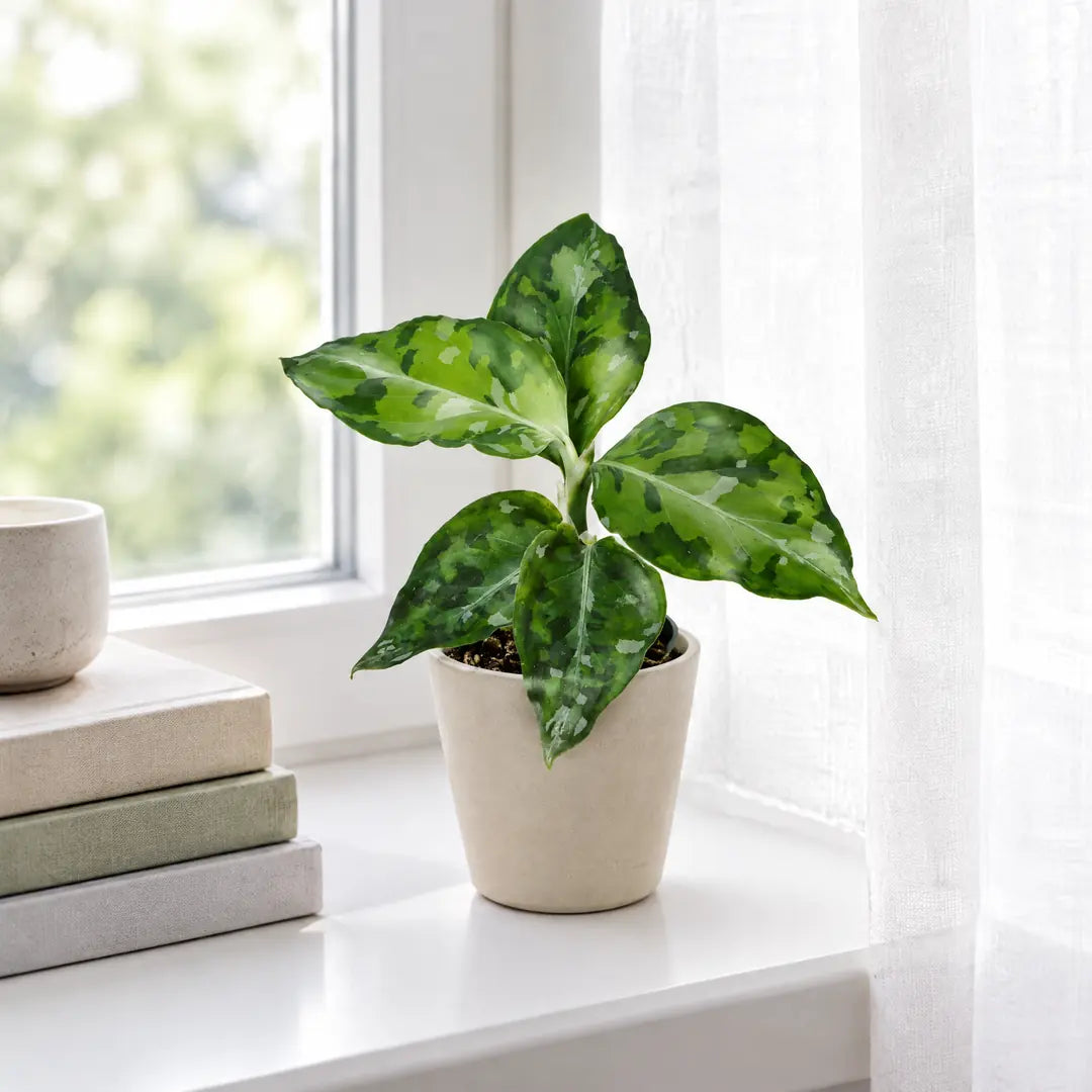 Aglaonema Pictum Tricolor auf der Fensterbank im hellen, indirekten Licht
