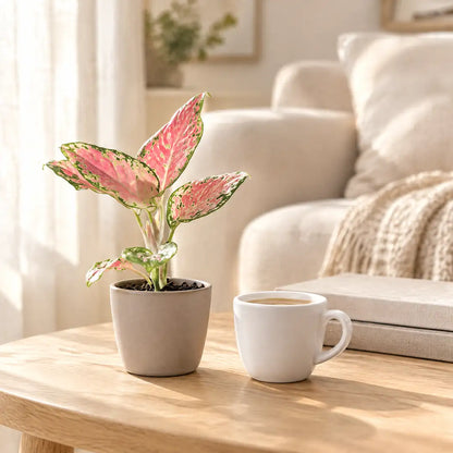 Aglaonema Red Valentine im greigen Übertopf auf einem Beistelltisch im hellen Wohnzimmer