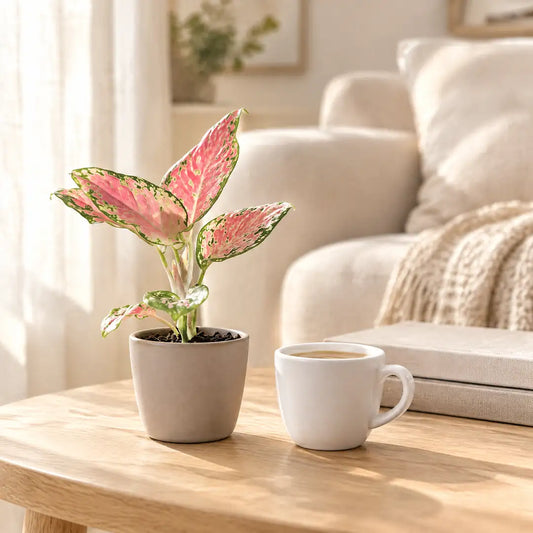 Aglaonema Red Valentine im greigen Übertopf auf einem Beistelltisch im hellen Wohnzimmer