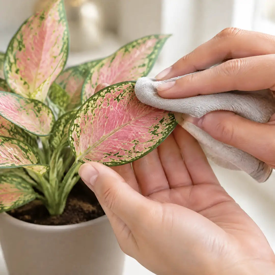 Hand wischt mit einem weichen Tuch Staub von einem rosa Blatt der Aglaonema Red Valentine
